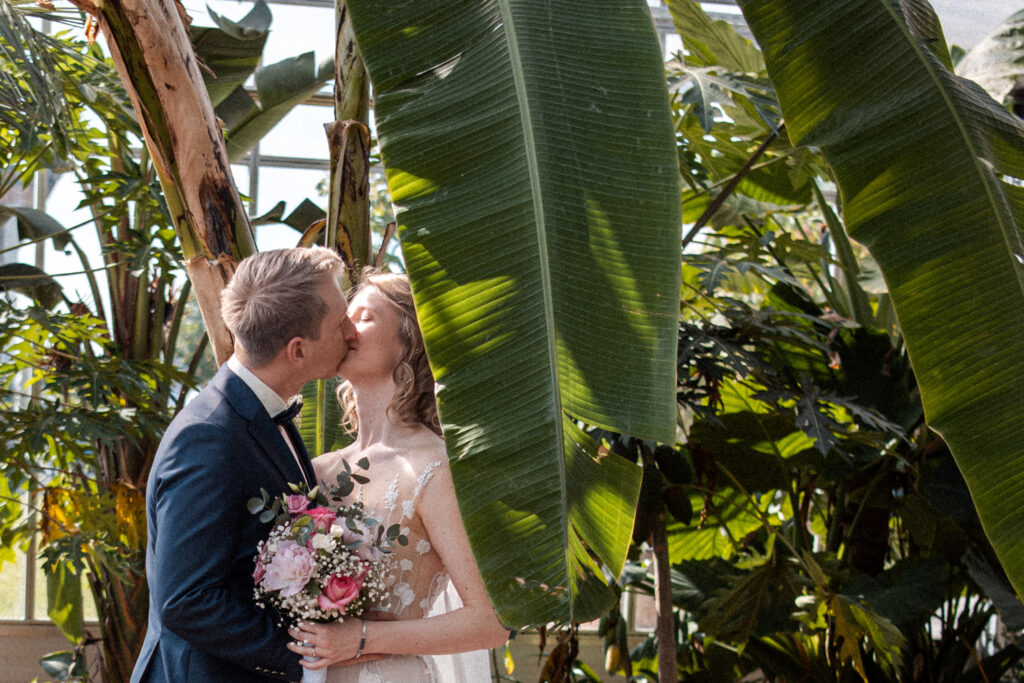 Ein Kuss unter Palmen - ein romantischer Moment nach der Hochzeit im Bad Aibling